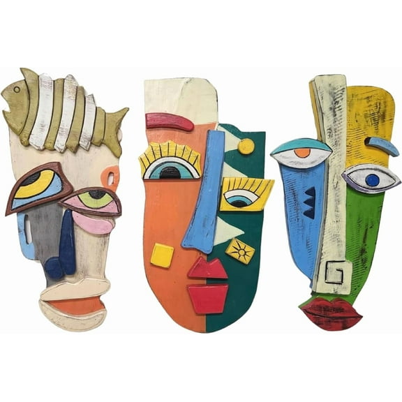 WorldBazzar 3 Pc Abstract MASK African Hand Carved Wooden Tribal Tiki MASK Wall Decor FACE Cubist Picasso, Medium