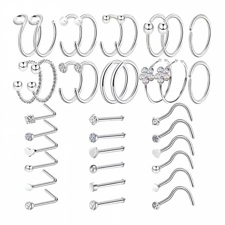 DESIGNICE 36 Pcs Titanium Steel Nose Rings Nose Piercings Jewelry Nose Rings Hoops Stud