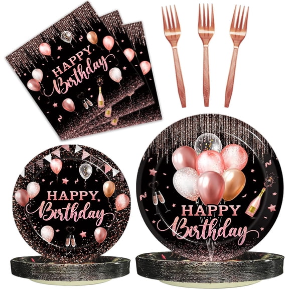 Rose Gold Birthday Plates and Napkins Party Supplies, Glitter Happy Birthday Party Disposable Tableware Set Decorations Favors