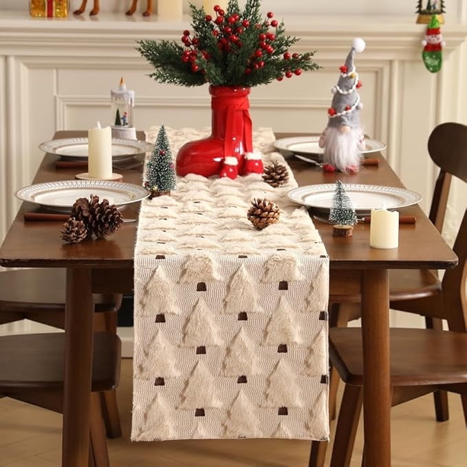 13x108 Inch Soft Plush Faux Fur Jacquard Beige Christmas Tree Table Runner, Seasonal Autumn Kitchen Dining Table Decoration for Home Party Decor