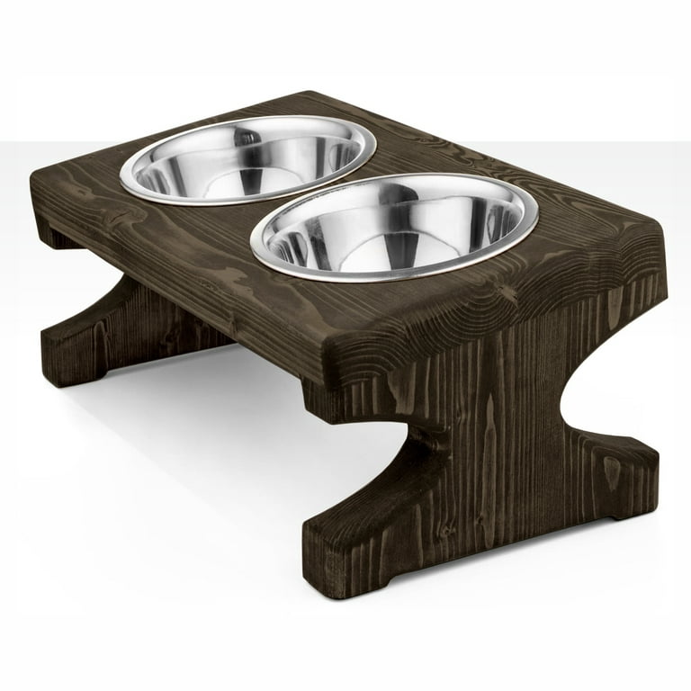 Pit Stop Pet Food Bowls with Stand, Puppy Dog Feeding Bowls with Non-Skid Wooden Stand, Set of 2 Stainless Steel Food and Water Bowls for Dogs and