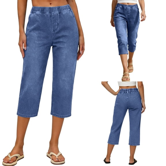 Cutuoiiu Casual Womens Capri Jeans Solid Color Elastic Waist with Two Pockets for Fitness and Daily Wear Gifts
