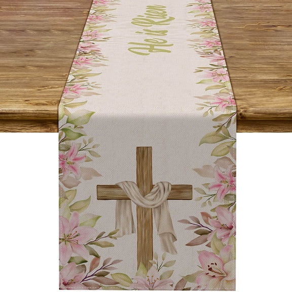 He is Risen Table Runner Easter Christian Cross Resurrection Lily Spring Holiday Party Kitchen Dinning Home Decoration (13" x 90")