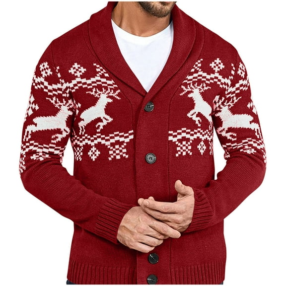 Mens Christmas Cardigan Sweater Fall Winter Button up Casual Sweaters Long Sleeve Shawl Collar Knitwear Coat XXL, Red