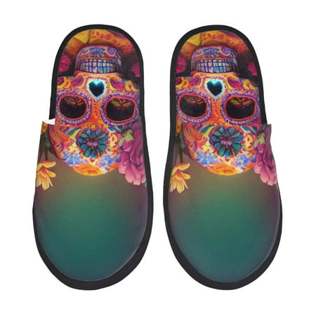 

Noikeo Vintage Patterned Skull Pattern Cozy Slippers Indoor for Women and Mens Fuzzy House Shoes Soft Plush Warm Slip-on Slippers-Medium