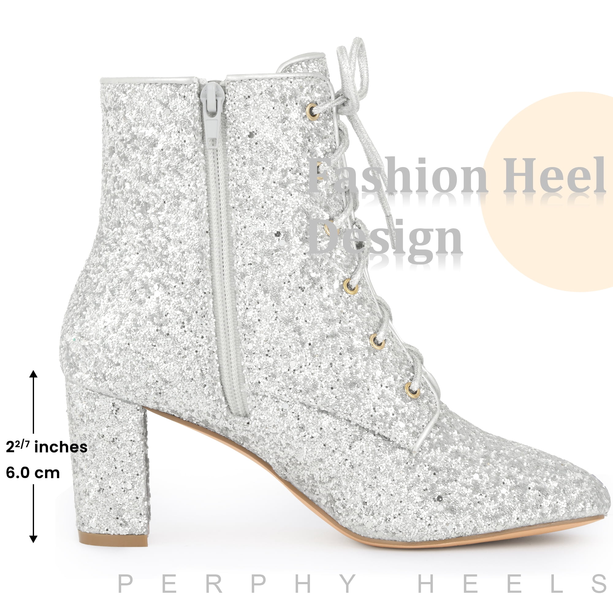 DARING DIVA Women's Square Toe Glitter Block Heels Ankle Boots Silver 9