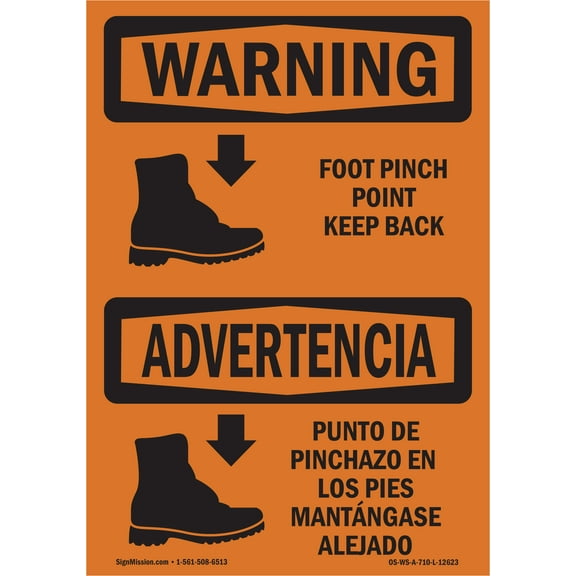 OSHA WARNING Sign - Foot Pinch Point Keep Back Bilingual | Plastic Sign | Protect Your Business, Work Site, Warehouse & Shop Area | Made in the USA