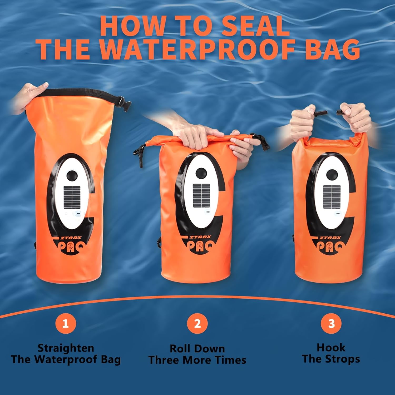 Solar/Battery Powered Multi-Functional Waterproof Backpack, Bluetooth Speaker, IP66 Waterproof Dry Bag, Heavy Duty Roll Top Closure, Large Capacity Bag for Camping, Hiking, Traveling (Orange 10L)