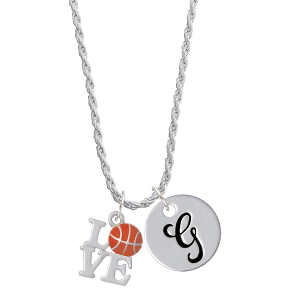 Delight Jewelry Love with Basketball Silvertone Script Initial Disc - G - Charm Necklace, 20"+3"