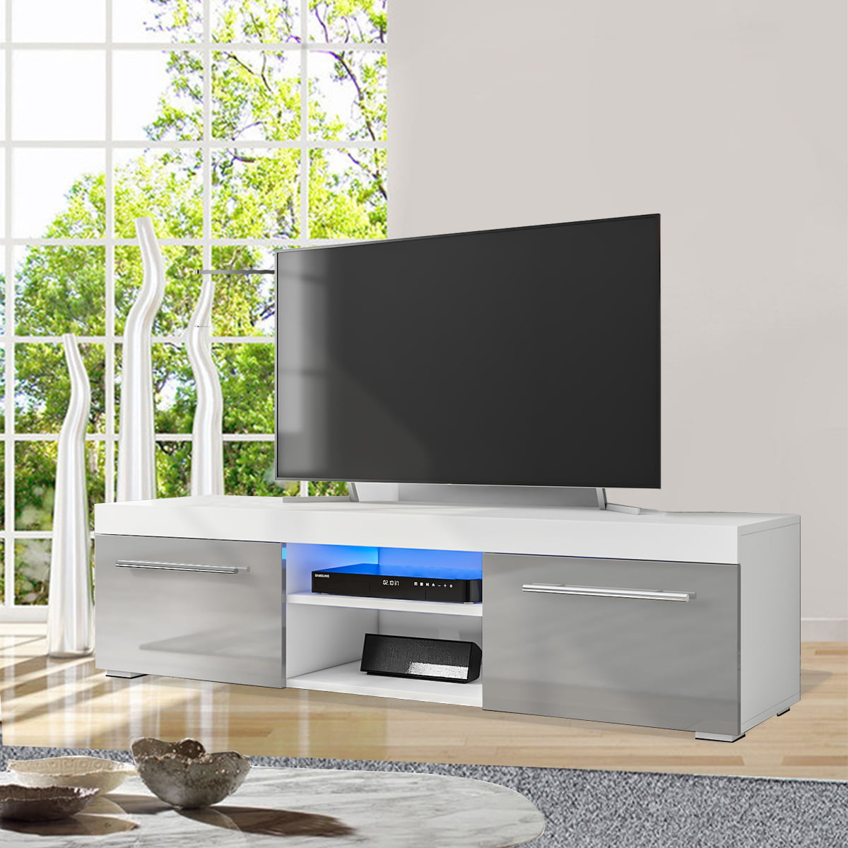 White Wall Mounted TV Unit with LED Light 120cm Entertainment Unit Organiser 