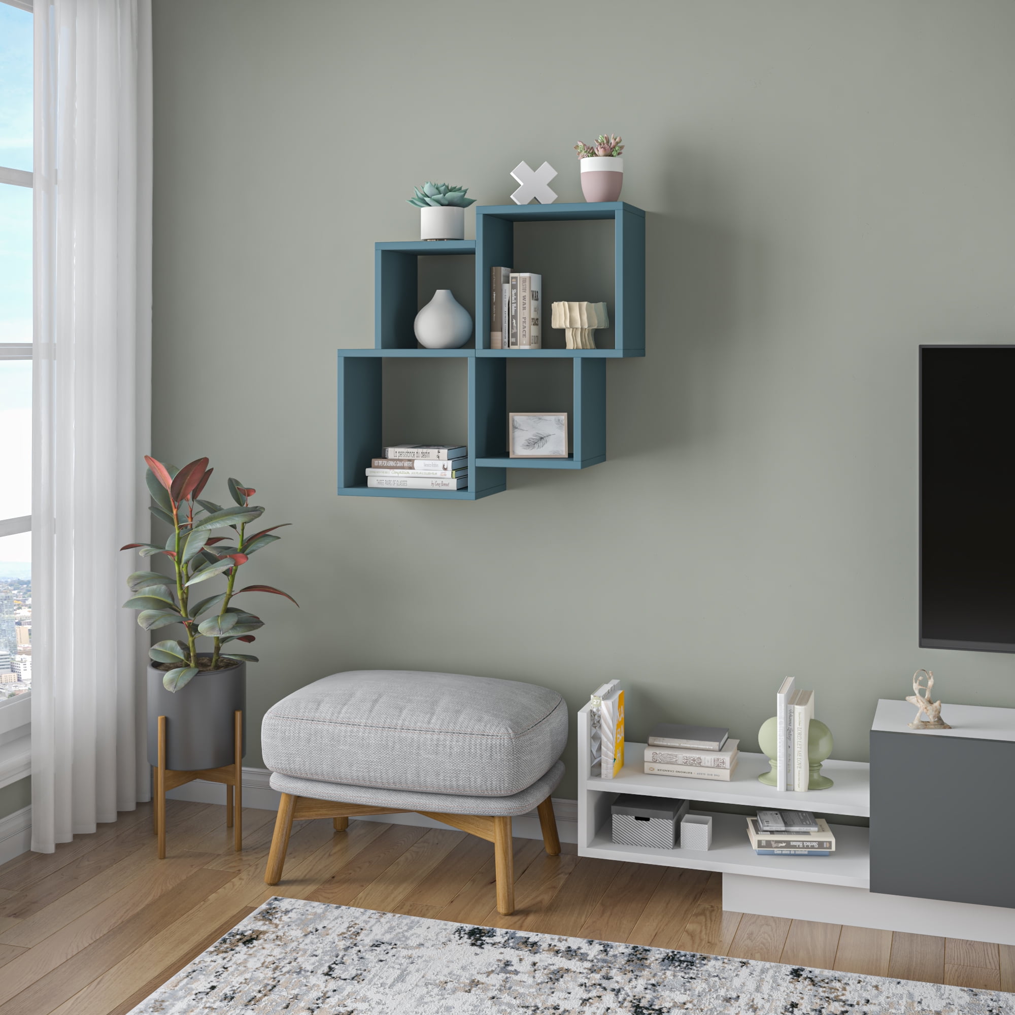 Ada Home Decor Furniture 39.37" 2 Tier Petrol Blue Watkins Modern Wall Shelf