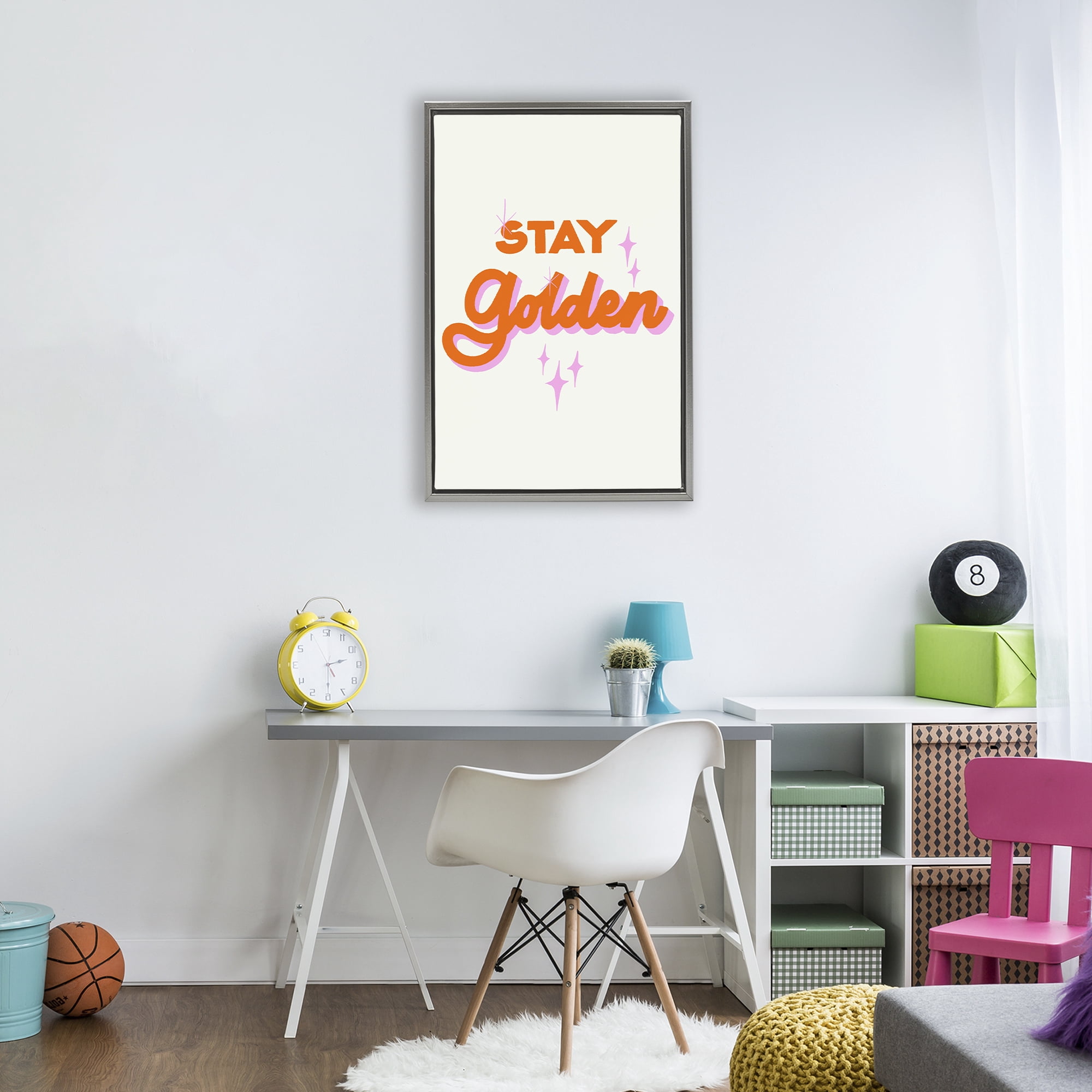Stupell Industries Stay Golden Retro Letters Gray Framed Floater Canvas Wall Art, design by Indira Prieto | IndySign