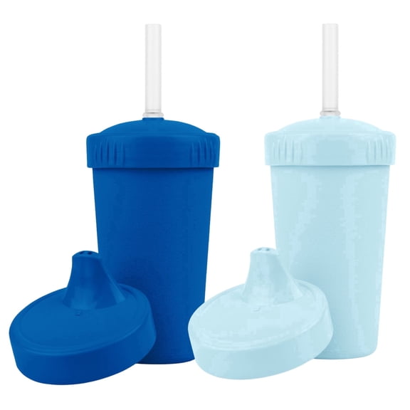 Re-Play Sippy to Straw Kids Cups - 10 oz. Set of 2 - USA Made Recycled BPA-Free Plastic Lid Choice - Grows with Your Child - Navy, Ice Blue