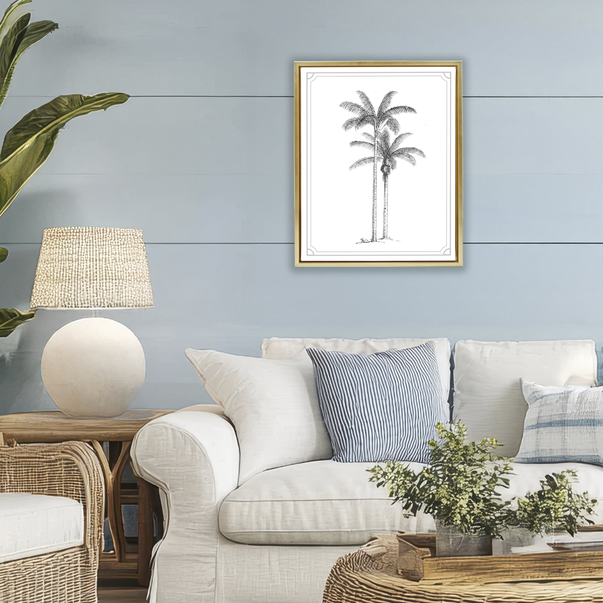 Vintage Simple Palm Tree Gold Framed Floater Canvas Wall Art, design by Lettered and Lined