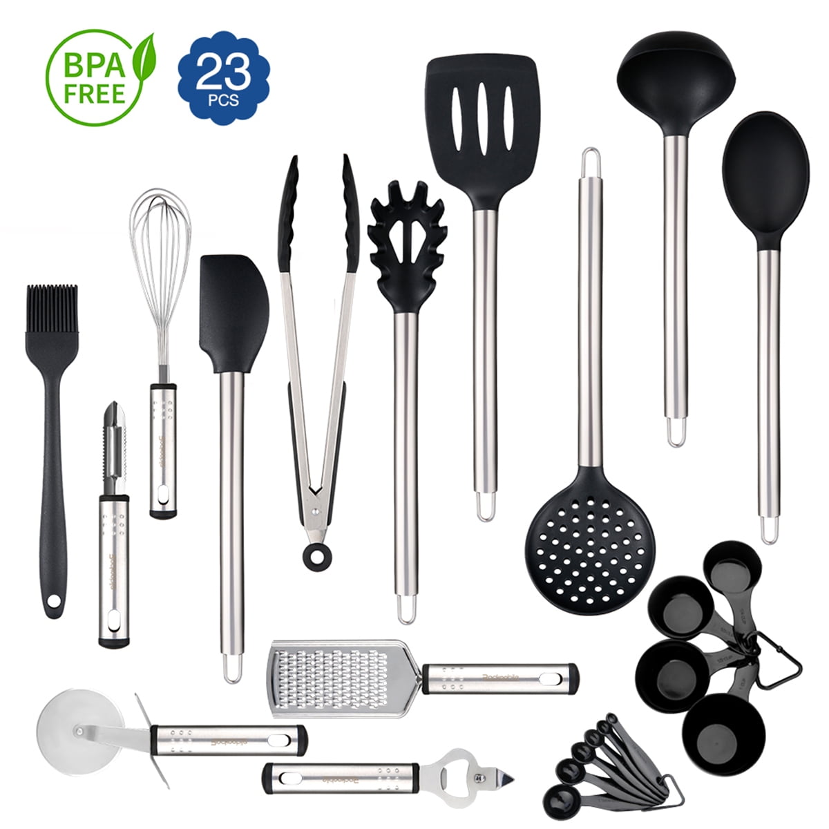Silicone Cooking Utensils Kitchen Utensils Set 23pcs Stainless Steel Handles Non-Stick BPA-Free Non-Scratch Metal Spatula Measuring Cups & Spoons Kitchen Gadget Kitchen Cookware Utensil Colorful 