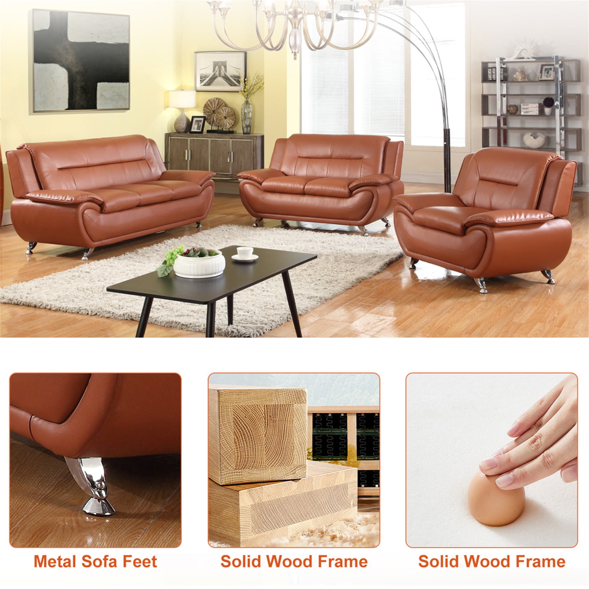 Aukfa 3 Piece Sofa Set - 46" Wide Upholstered Sofa Couch Armchair, Leather, Orange