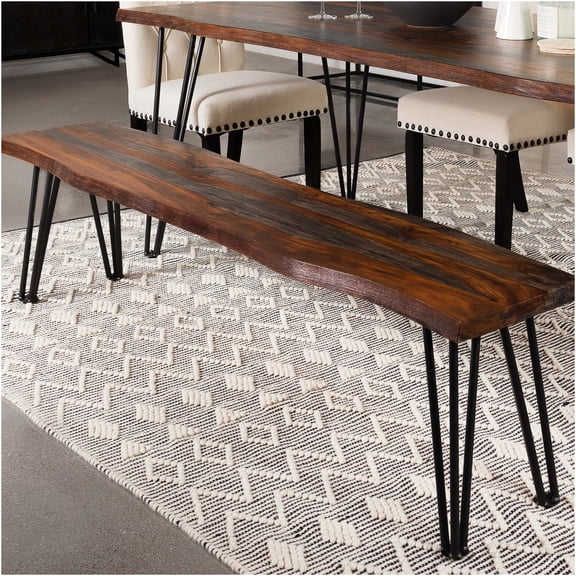 JERFIT Grey Sheesham Live Edge Wood Dining Bench Hairpin Legs