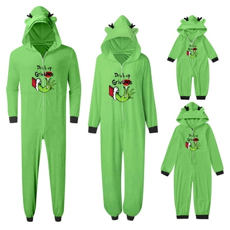 

Christmas Grinch Pajamas Family Matching Christmas Pajamas Set Reindeer Grinch Elf Onesies Hood Sleepwear for Adults Kids Baby 18 Months