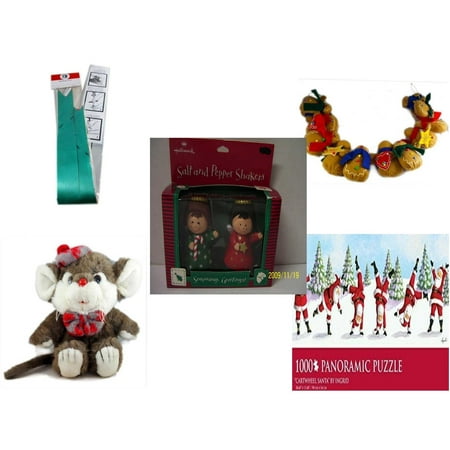 Christmas Fun Gift Bundle [5 Piece] - Myco's Best Pull Bows Set of 10 - String of Gingerbread  w/ Wood Stars & Hearts 4.5' Feet  - Hallmark Seasons Greetings Salt and Pepper Shaker Set -  Beret &