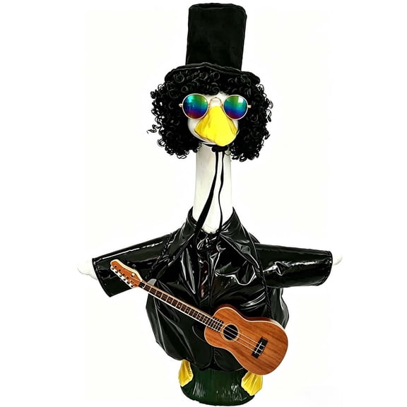 RUINIXCW Funny Porch Goose Outfits Rock Roll Porch Goose Outfit for 23 inch Cement Plastic Goose Statue 80s 90s Hip Hop Clothes Guitar Sunglasses Wig Hat Set Yard Patio Lawn Art Decor (No Goose)