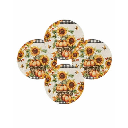 Fall Round Placemats Set of 4 Pumpkin Basket Place Mats Thanksgiving Woven Placemat Butterfly Sunflower Plaid Linen Circle Braided Table Mat for Kitchen Dining Table Autumn Party Home Decor 15 Inch
