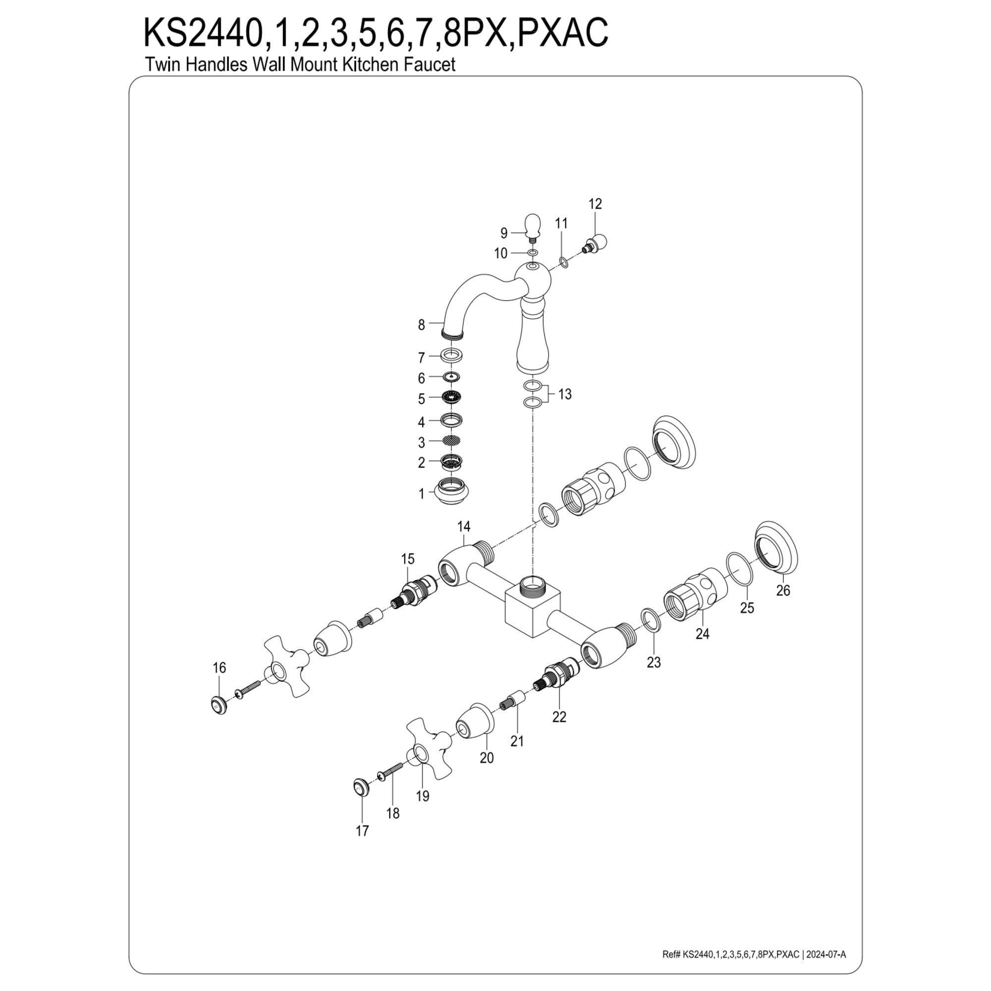 Kingston Brass KS2443PX Heritage Double-Handle Wall-Mount Bridge Kitchen Faucet, Antique Brass