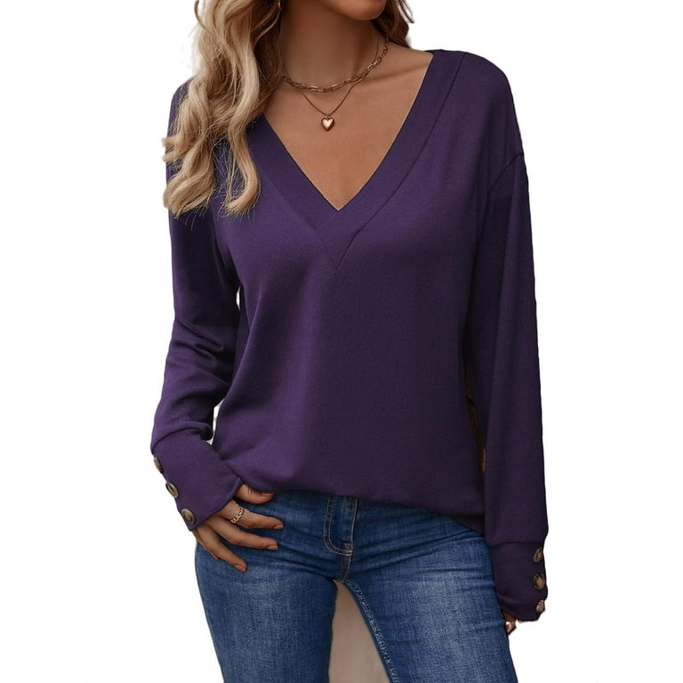 Casual Solid V Neck Long Sleeve Purple Women's T-Shirts (Women's)