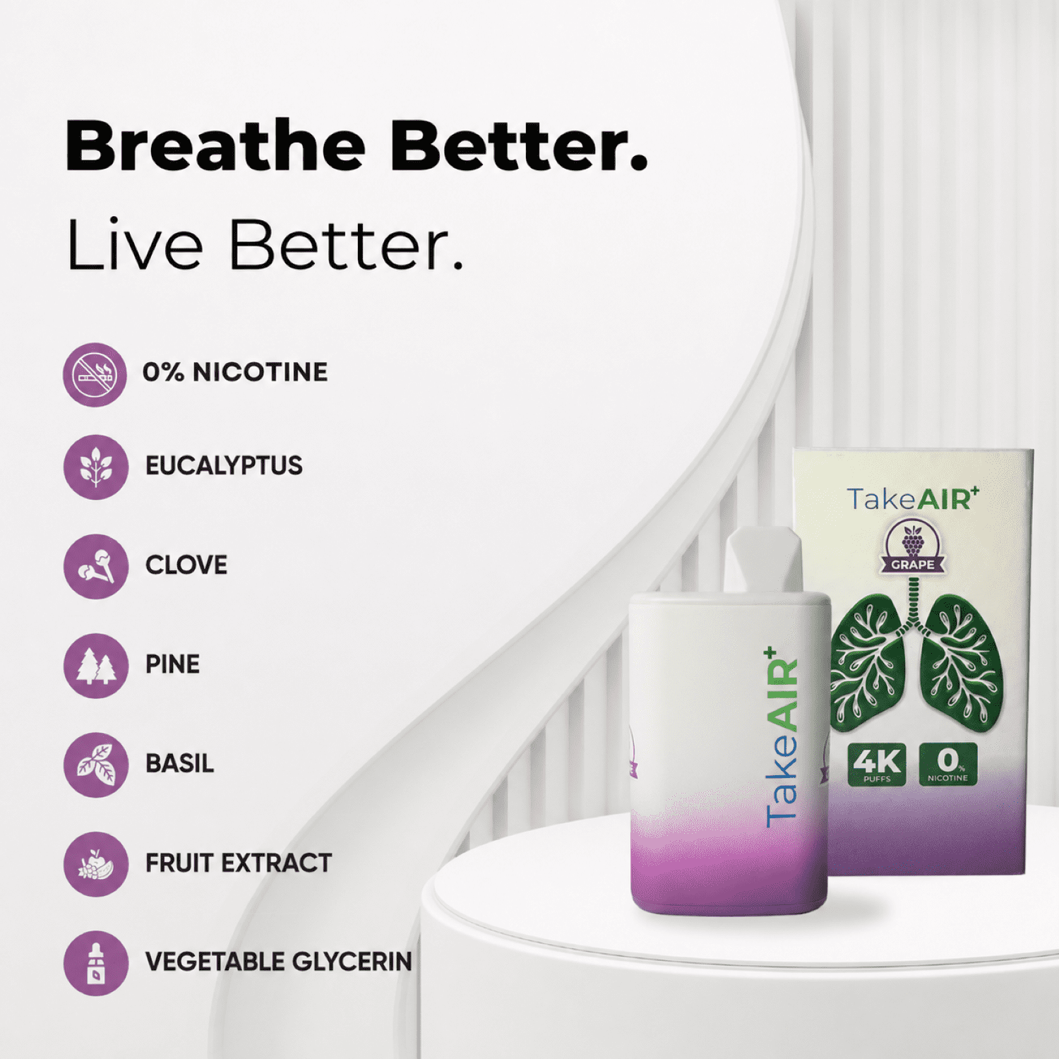 TakeAIR+ Nicotine-Free Diffuser Over 4K Puffs, All Natural, Smokeless Inhaler, Grape