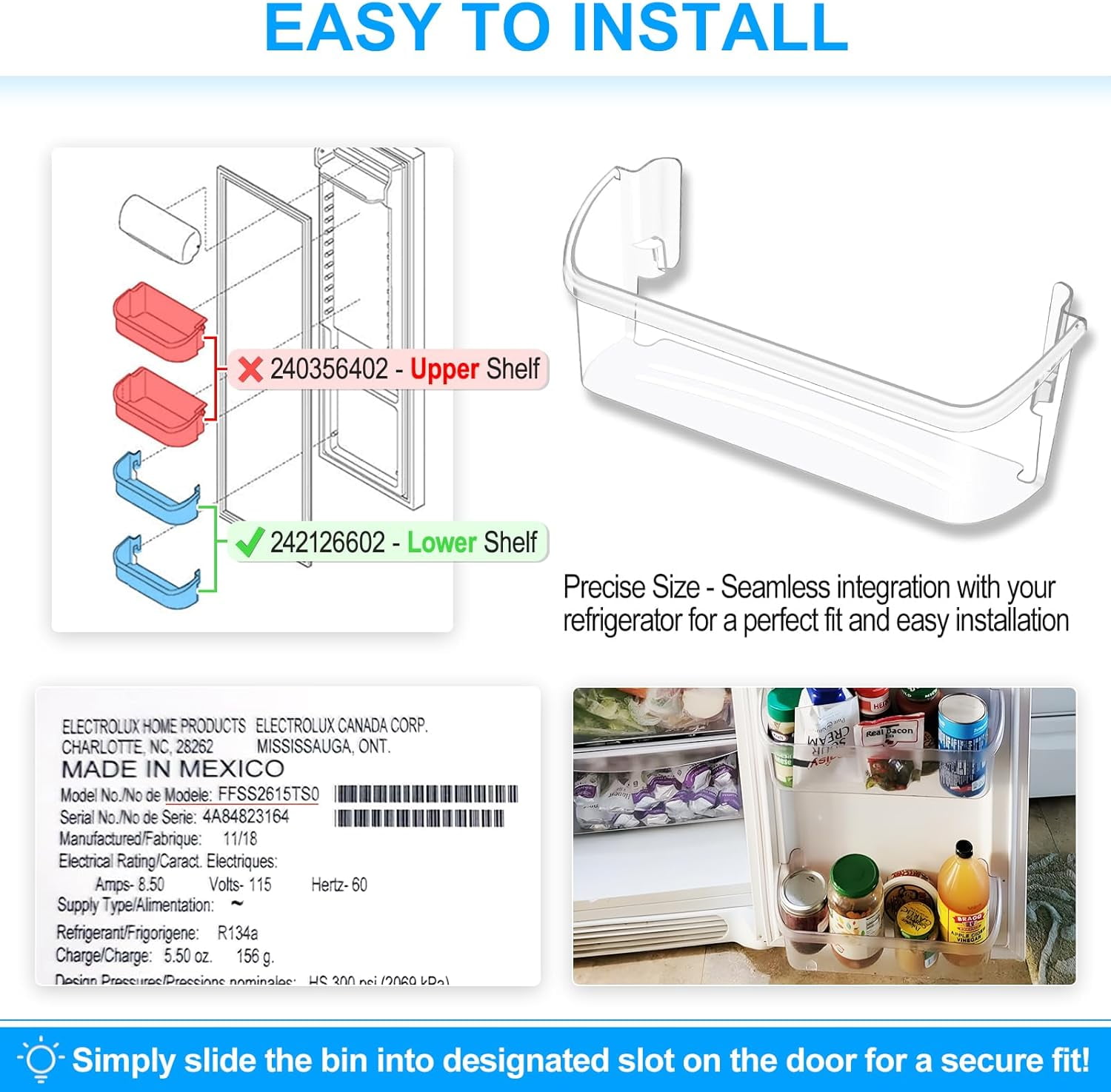 [2 PACK] UPGRADED 242126602 Refrigerator Door Bin Shelf Replacement For Frigidaire Door Shelf Replacement -LFSS2612TF0 Frigidaire Door Bin Bottom Shelf Parts 2421266