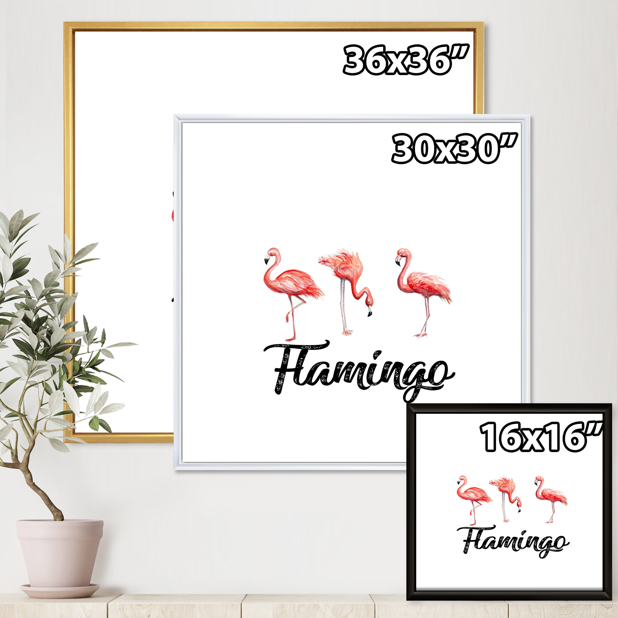 Designart 'Three Flamingos On White' Farmhouse Framed Canvas Wall Art Print