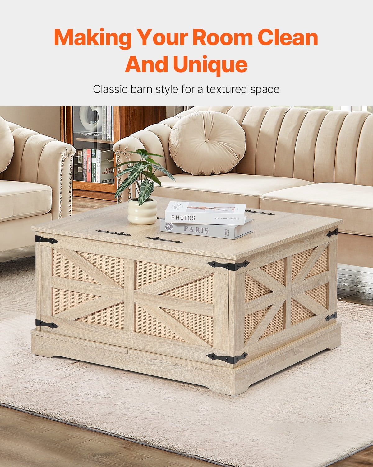KFFKFF Wicker Coffee Table, Rectangular PE Wicker Weaved Wooden Table with MDF Surface, 32-Inch Contemporary Bohemian Style Storage Table with Vintage Metal Clasps, Suitable for Lounge
