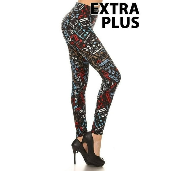Buttery Soft Colorful Music Note Extra Plus Size Leggings - 3X-5X (XPlus One Size,Black)