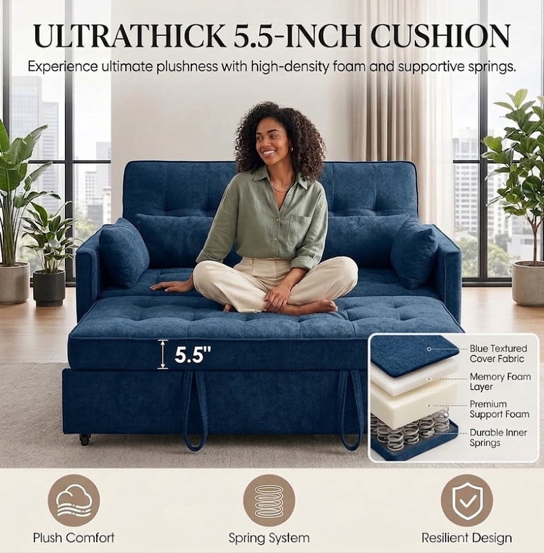 3-in-1 Convertible Sofa Bed with USB Charging Ports, Pull-Out Sleeper Sofa with Adjustable Backrest and Side Pocket, Compact Loveseat Couch for Living Room, Apartment, Dorm