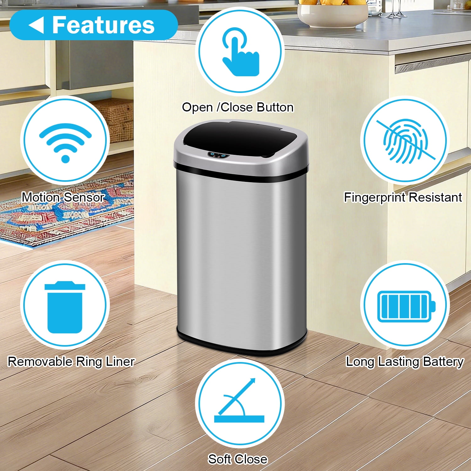 13 Gallon Kitchen Trash Can Automatic Stainless-Steel Garbage Can with Touch-Free & Motion Sensor, Anti-Fingerprint Mute Designed Brushed Waste Bin for Home, Silver