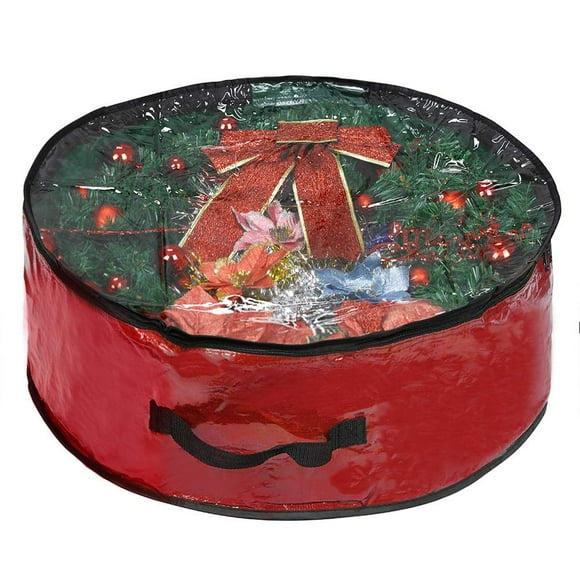 Propik Bolsa De Almacenamiento Para Coronas Navideñas De 36 Pulgadas – Contenedor Navideño Con Ventana Transparente – Tela Resistente A Desgarros – 36 Pulgadas X 36 Pulgadas X 8 Pulgadas (Rojo)