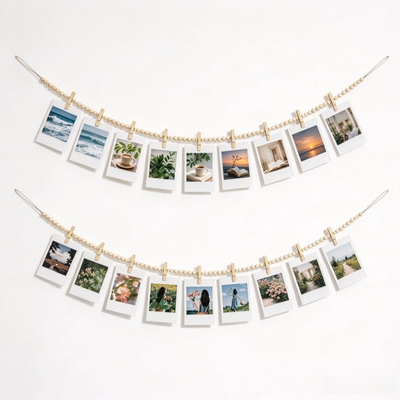 Hanging Photo Display, 2PCS Boho Wooden Bead Garland with 9 Clips for Bedroom, Living Room, Office