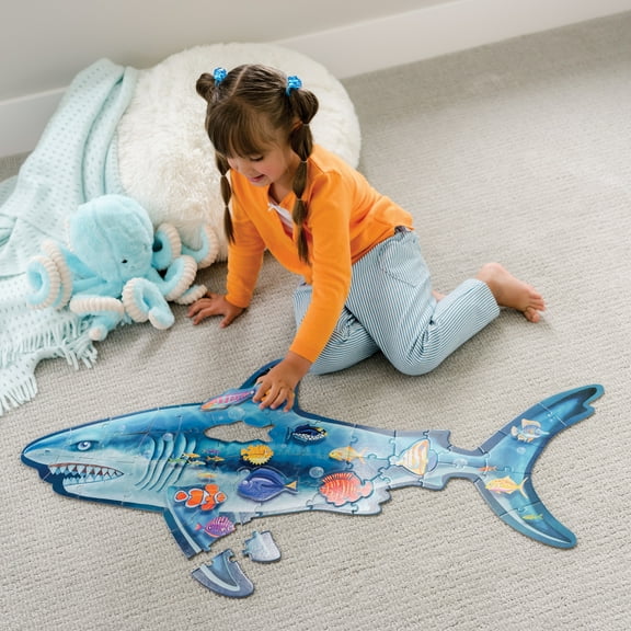 Peaceable Kingdom Shiny Shark Floor Puzzle, 53-Piece Giant Floor Puzzle for Kids Ages 5 & up, Fun-Shaped Puzzle Pieces, Great for Classrooms