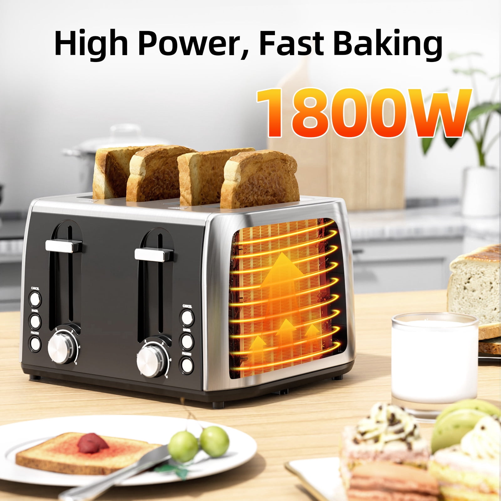 Auseo 4 Slice Toaster, 4 Slice Toaster Wide Solt with 6 Shade Settings, Dual Independent Controls, Bagel, Cancel, Defrost Functions, Removable Tray, Kitchen Appliances