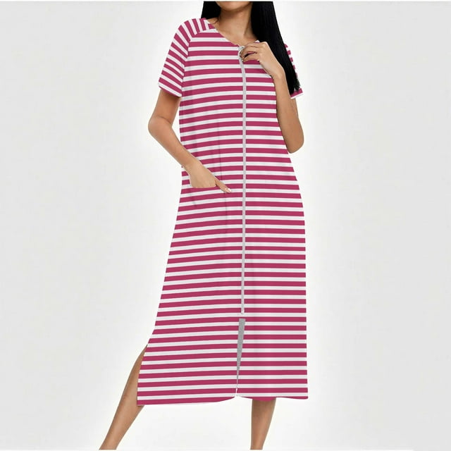Peignoir pour Femmes, Robe Zippée pour Femmes Longue Robe de Chambre Tricotée Peignoirs Pleine Longueur Nuisette à Dégradé de Couleurs avec Poches, Cadeaux pour Femmes, G