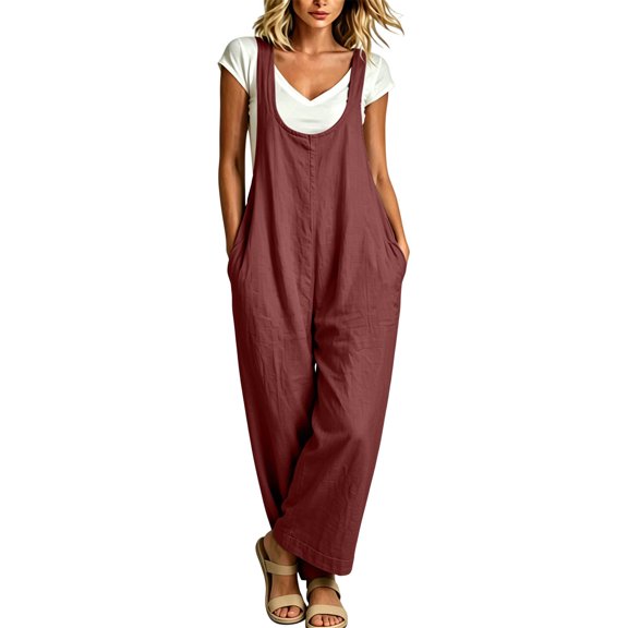 QQZ Wide Leg Jumpsuit For Women, Sleeveless Palazzo Flow Womens Overalls Flowy Pants Outfit For Daily Beach Outfits