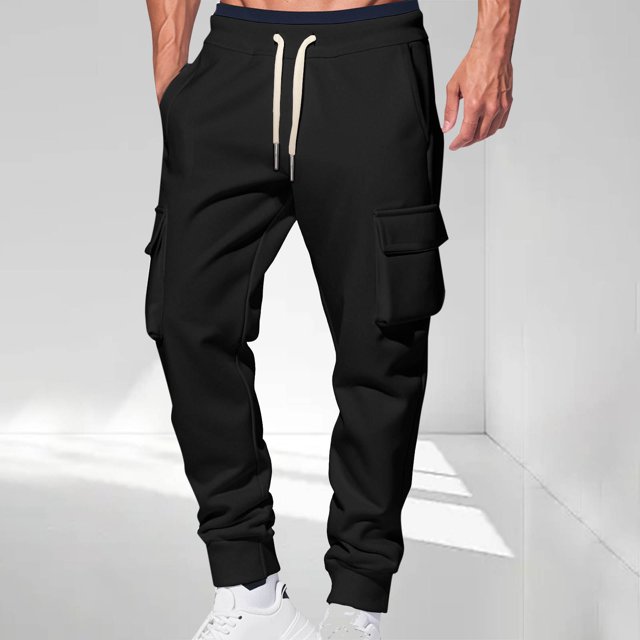 Pantalones cargo de poliéster para hombre, de longitud completa, a la moda, de color liso, con bolsillos, cordón ajustable, cintura elástica y pierna recta.