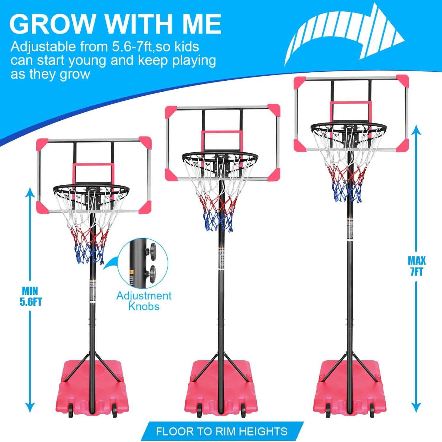 Portable Basketball Hoop, Height Adjustable 5.6 to 7FT Basketball Goal with 28 Inch Backboard and 2 Built-in Wheels, Indoor Outdoor Basketball Stand for Children, Teens, Youths, Adults, Pink