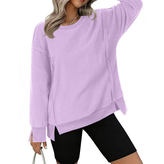 YTCAMLO Women's Casual Sweatshirts Crewneck Long Sleeve Shirts Pullover Sweatshirts Fuzzy Fleece Slit Midweight Pullover Fall Fashion Tops