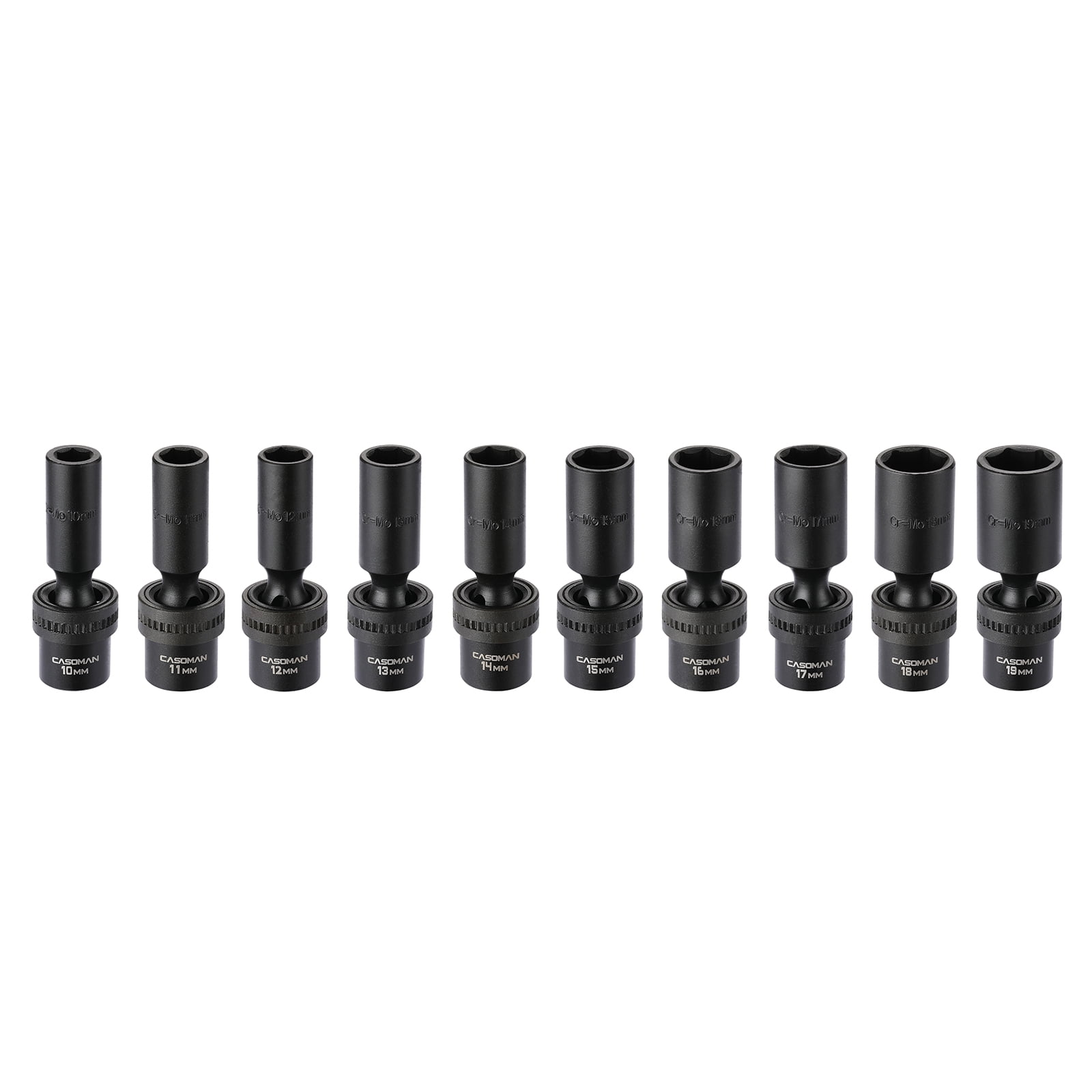 CASOMAN PRO 10-piece 3/8" Drive Deep Universal Impact Socket Set, 6 Point, Metric, 10-19 mm, Swivel Socket with Flexible Wobble, CR-MO