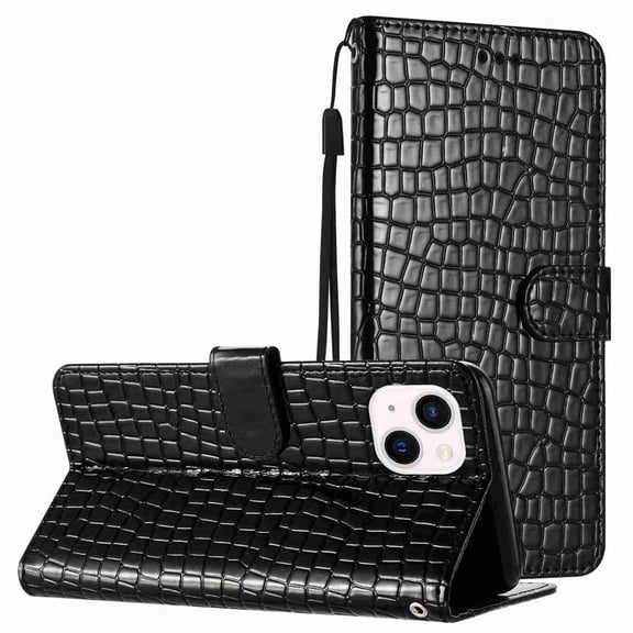 for iPhone 13 Crocodile Texture Faux Leather Wallet Case, with Credit Card Slots Kickstand Magnetic Calsp Wrist Strap Protection Shockproof Slim Folio Flip Phone Cover, Black