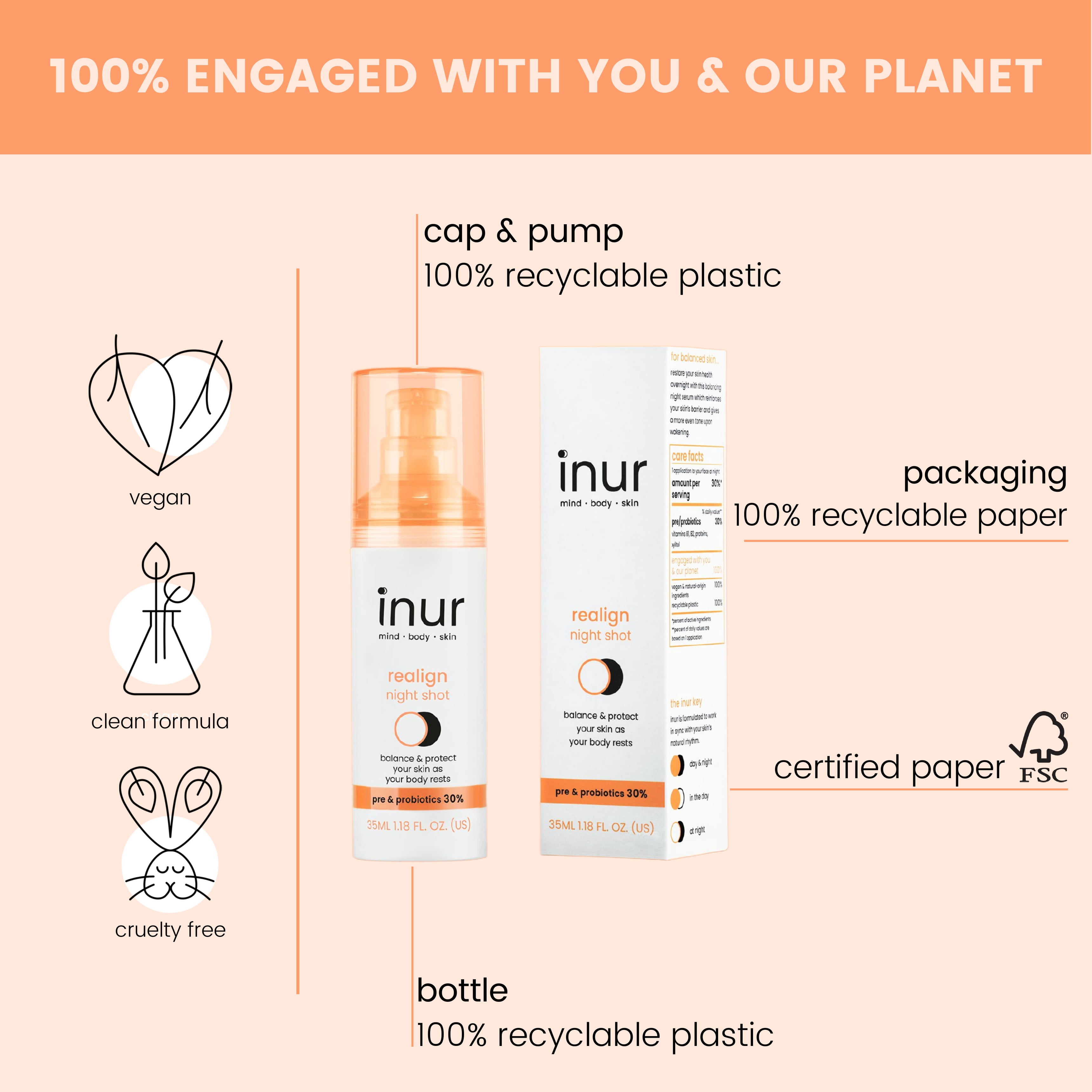 Inur Realign Prebiotics & Probiotics Night Serum, Balancing Treatment, Unified & Even Tone, 1.18 fl oz