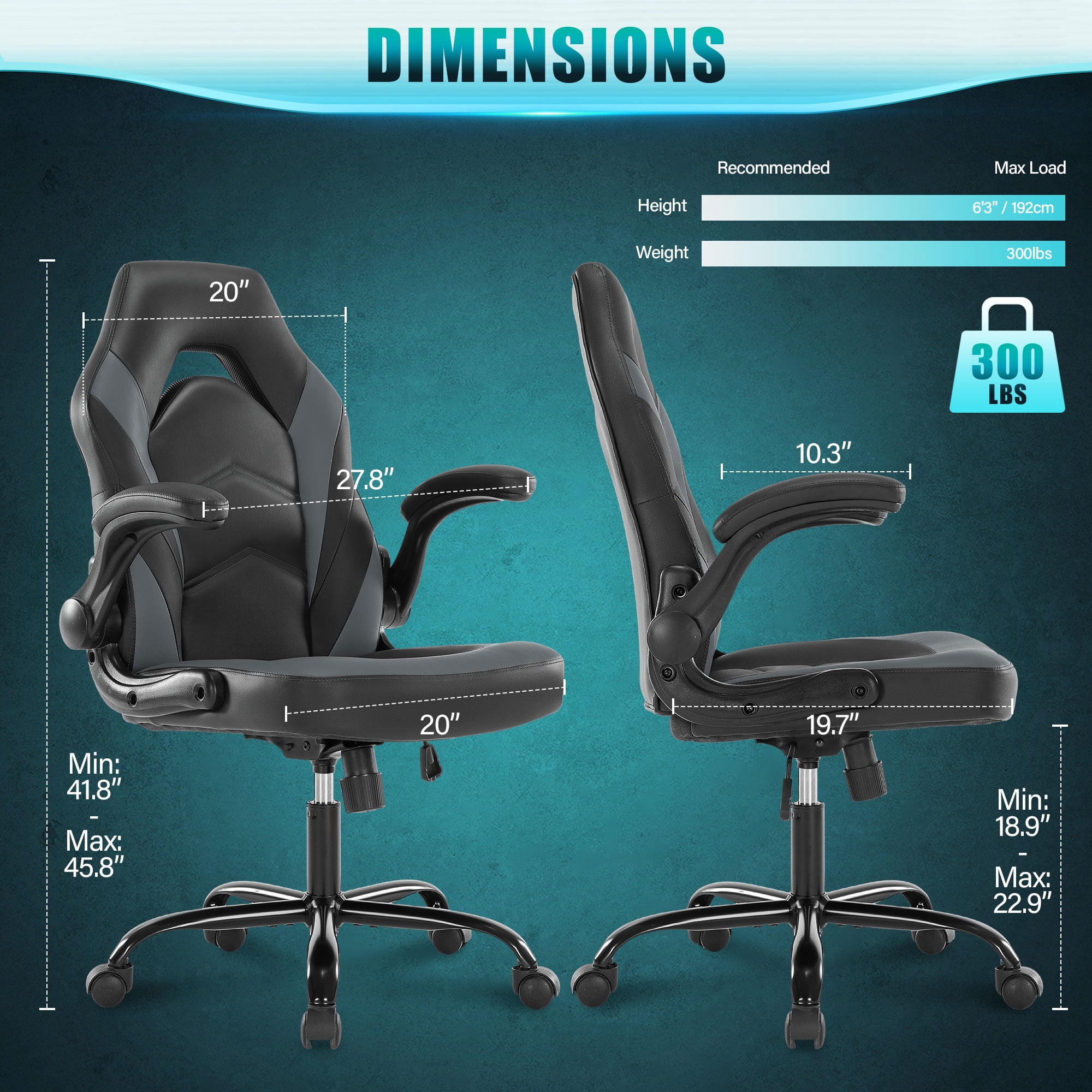 JONPONY Ergonomic Gaming Desk Chair - Adjustable PU Leather Swivel Racing Chair with Flip-up Armrests for Home Office and Entertainment, Perfect for Adults, Kids, and Gamers, Black Grey