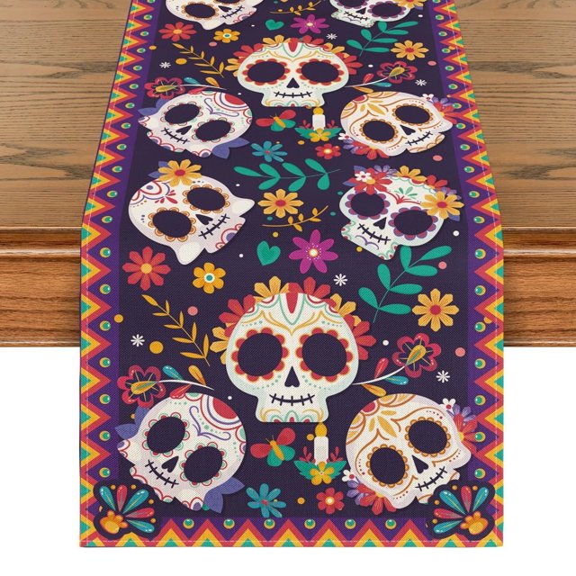 Mantel de lino con diseño de calavera de azúcar mexicana para el hogar, la cocina y el comedor (13 x 72 pulgadas)