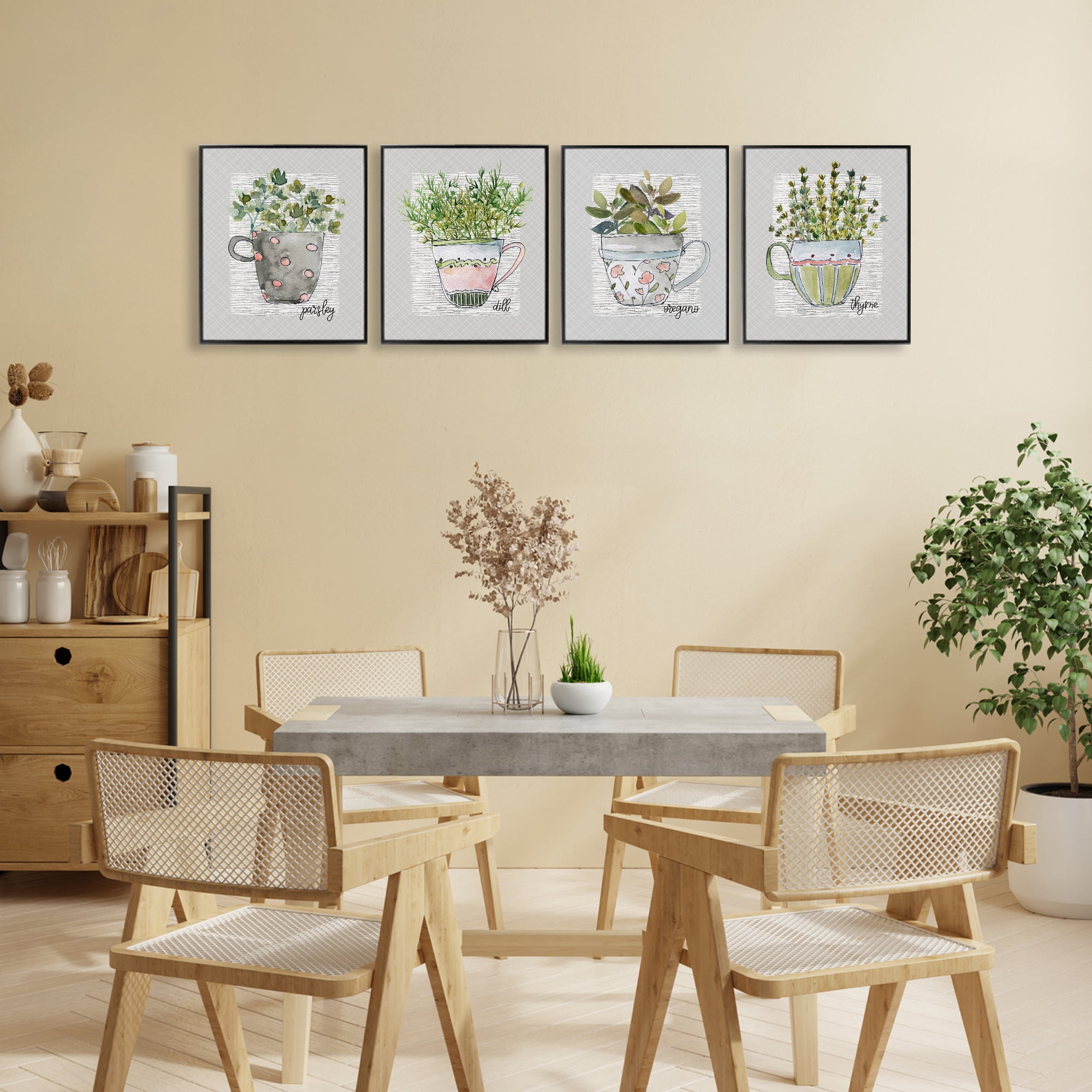 Stupell Industries Kitchen Herbs in Mugs 4 Piece Black Framed Giclee Art Set, design by Livi Finn