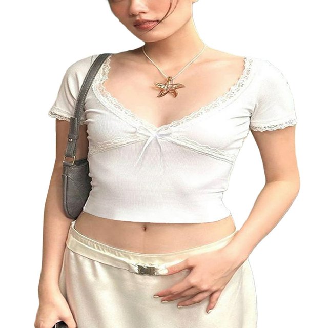 Femmes Recadrage Manches Courtes Tops Dentelle Patchwork Été T-Shirts de Base